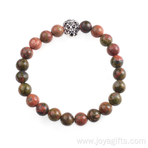 Unakite 8MM Bead Lion Head Gemstone Bracelet